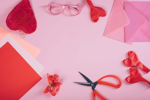 Valentine's day background with copyspace. Valentine hearts gift craft from above. Flat lay design.