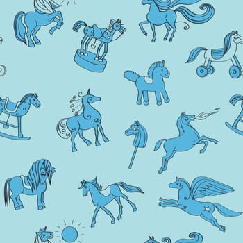Toy horses doodles pattern, hand drawn illustrations over a blue background