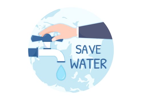 Water Saving Templates Hand Drawn Flat Cartoon Illustration for Mineral Savings Campaign with Faucet and Earth Concept