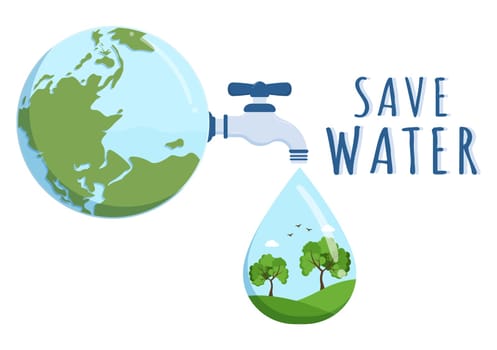 Water Saving Templates Hand Drawn Flat Cartoon Illustration for Mineral Savings Campaign with Faucet and Earth Concept