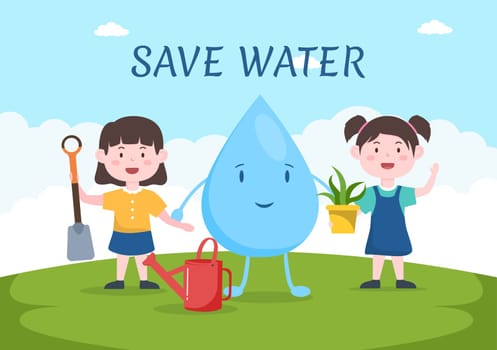 Water Saving Templates Hand Drawn Flat Cartoon Illustration for Mineral Savings Campaign with Faucet and Earth Concept