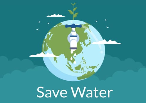 Water Saving Templates Hand Drawn Flat Cartoon Illustration for Mineral Savings Campaign with Faucet and Earth Concept