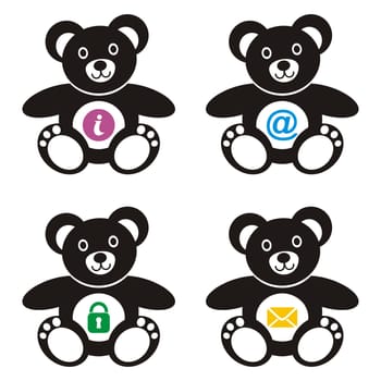 Four cute black teddy bears with colorful web icons