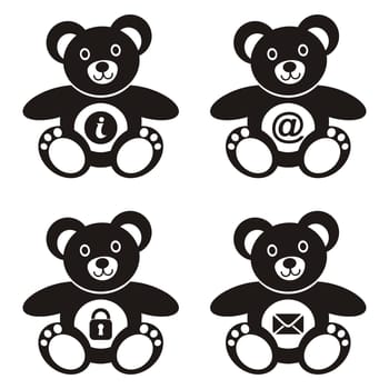 Four cute black teddy bears with web icons