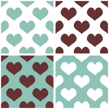 Seamless vector background set with hearts. Full of love pattern for valentines desktop wallpaper or website design in white, brown and hipster mint green color