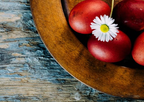 Hand painted red easter eggs and daisy flower closeup on rustic wooden background. Easter still life design.