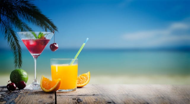 Cherry cocktail in martini glass and orange juice vodka on tropical sandy beach. Summer vacation holiday and beach party design. Island resort beach bar background.