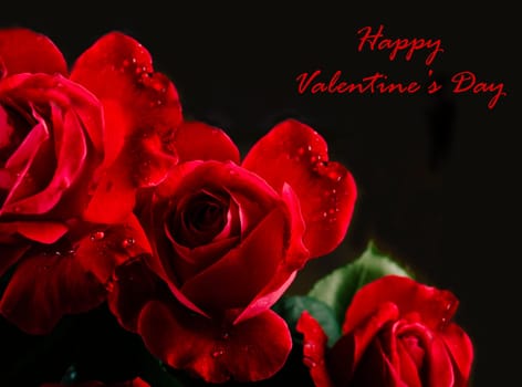 Red roses bouquet closeup on black background with copyspace. Valentine's day greeting card design. Valentine holiday creative concept with flowers and blank space.
