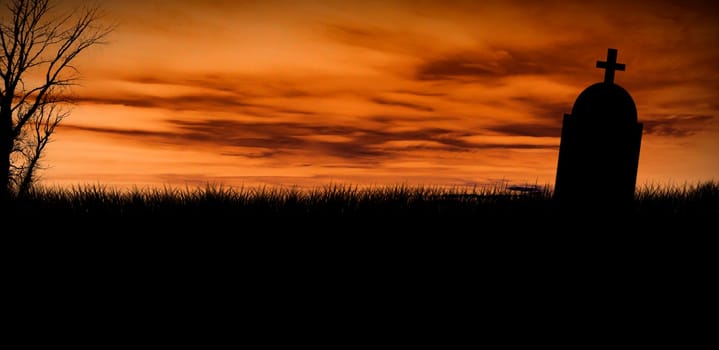 Halloween scary tombstone with orange burning sky. Horror graveyard silhouette at night with copyspace. October 31 halloween party poster design background.