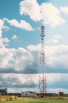 Telecommunications Cell Phone Tower With Antenna In Countryside. Belarus.