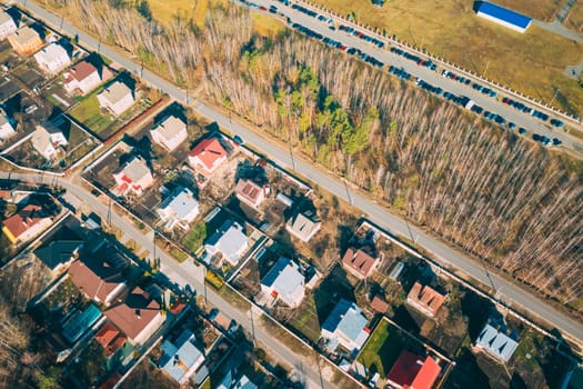 Gomel, Belarus. Aerial Bird's-eye View Of Suburb Cityscape Skyline In Sunny Spring Day.