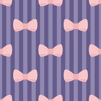Seamless vector pattern with pastel pink bows on a navy blue strips background. For desktop wallpaper, web design, cards, invitations, wedding or baby shower albums, backgrounds, arts and scrapbooks.