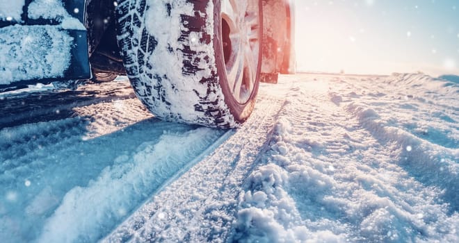 Closeup view of the car's wheel on the snowy road in natural park. Beautiful panoramic view.