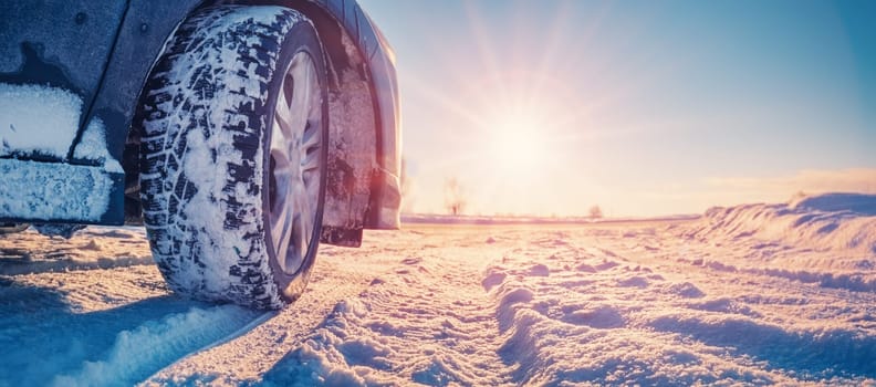 Closeup view of the car's wheel on the snowy road in natural park. Beautiful panoramic view.