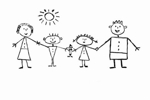 Children's drawing of a happy family, parents and children smile, stand and hold hands