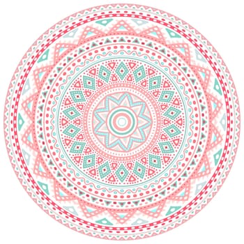 Decorative pink and blue round pattern frame on white background. Vector illustration for cute feminine and baby design. Dot and wave shapes. Oriental rug / napkin. Tribal ethnic ornamental textile.