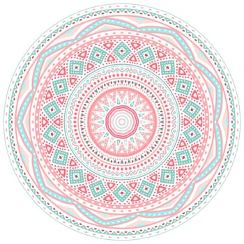 Decorative pink and blue round pattern frame on white background. Vector illustration for cute feminine and baby design. Dot and wave shapes. Oriental rug / napkin. Tribal ethnic ornamental textile.