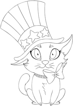 A Vector illustration coloring page of a kitten wearing a hat and bow designed as the American flag for the 4th of July..