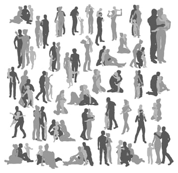 Very many high quality detailed silhouettes of a young happy family, couple and child, in various poses