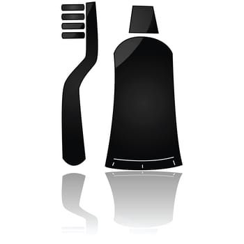 Glossy icon of a toothbrush and toothpaste tube reflected on a white background