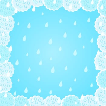 Light Blue Fluffy Cloud Frame with Rain Background. Vector Illustration Card with Place for Text