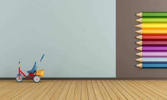 Playroom with big colorful pencils on wall and tricycle - rendering