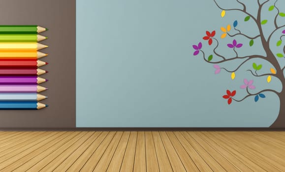 Playroom with big colorful pencils and tree on wall  - rendering