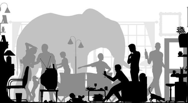Editable vector silhouettes of a family gathering in a living room with an elephant in the background