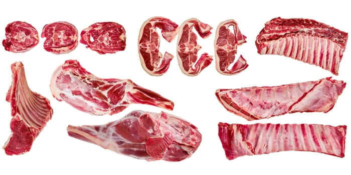 Different cuts of fresh raw lamb meat