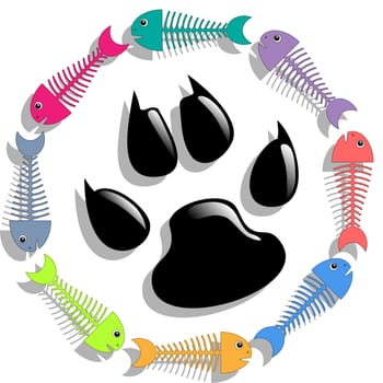 Illustration of fish and cat paw print as a symbol of cat food.