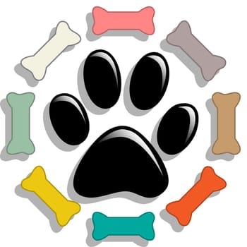 Illustration of bone and paw print of a dog as a symbol of the dog food.