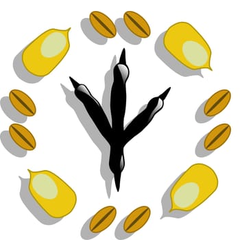 Illustration of corn, wheat and print bird feet as a symbol of bird food.