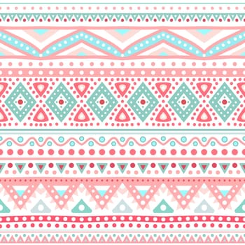 Tribal ethnic seamless stripe pattern. Vector illustration for your cute feminine romantic design. Aztec sign on white background. Pink and blue colors. Borders and frames.