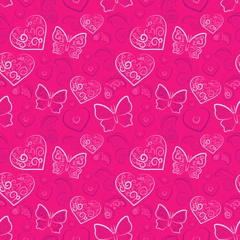 Romantic heart and butterfly vector seamless pattern (tiling). Pink, purple, white lush colors. Endless texture can be used for printing onto fabric and paper or scrap booking. Valentine background.
