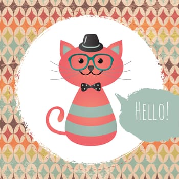 Vector Hipster Cat greeting card design illustration  with Textured Grunge Geometric Background