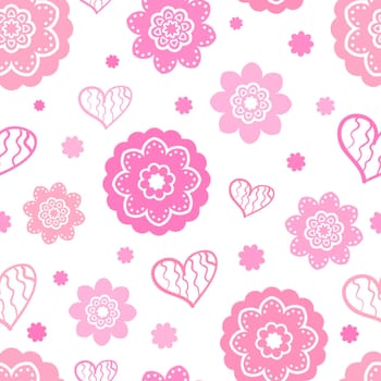 Romantic seamless pattern (tiling). Vector illustration for feminine design. Pink and white colors. Endless texture for printing onto fabric, paper or scrap booking. Heart and abstract flower shapes.
