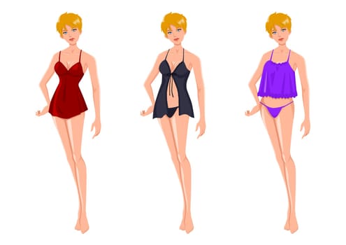 Cartoon illustration of an attractive blond woman in three different lingerie