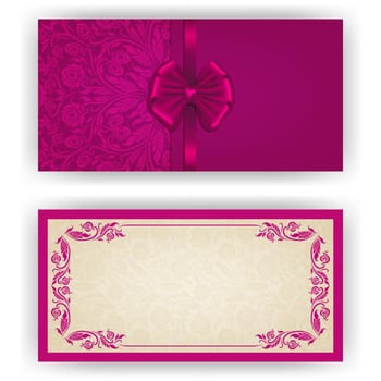 Elegant template luxury invitation, card with lace ornament, bow, place for text. Floral elements, ornate background. Vector illustration EPS 10.