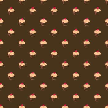 Seamless vector pattern background with big chocolate brown cupcakes, muffins, sweet cake and red heart on top. Background or texture with sweets desktop wallpaper, web design or culinary blog website