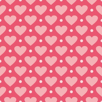 Pink vector background with hearts and polka dots. Cute seamless pattern for valentines desktop wallpaper or cute website design.
