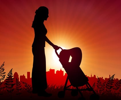 Mother and baby carriage on sunset background .Original Vector Illustration.Mother with Sunset