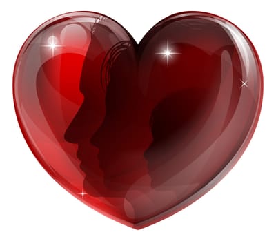 Loving family concept  a mother, father and child faces in silhouette in a glossy heart shape