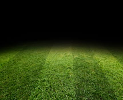 Green soccer field, illuminated stadium in night
