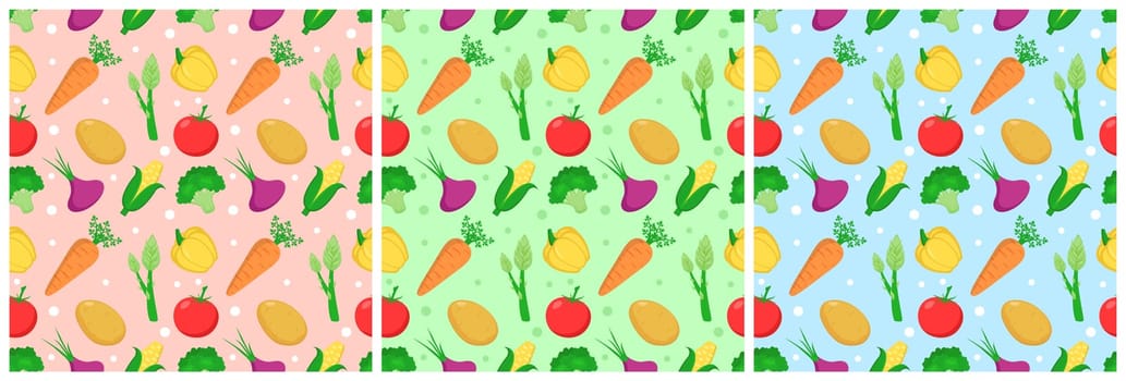 Set of Vegetarian, Fruit or Vegetables Seamless Pattern Design with Fresh, Organic and Natural Food in Hand Drawn Flat Cartoon Background Illustration
