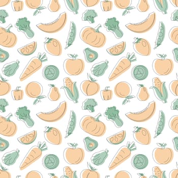 Vegetarian, Fruit and Vegetables Seamless Pattern Design with Fresh, Organic and Natural Food in Hand Drawn Flat Cartoon Background Illustration