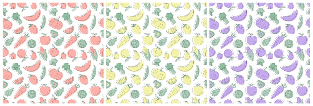 Set of Vegetarian, Fruit or Vegetables Seamless Pattern Design with Fresh, Organic and Natural Food in Hand Drawn Flat Cartoon Background Illustration