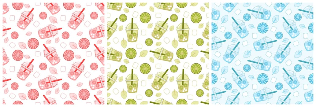 Set of Vegetarian, Fruit or Vegetables Seamless Pattern Design with Fresh, Organic and Natural Food in Hand Drawn Flat Cartoon Background Illustration