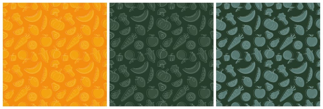 Set of Vegetarian, Fruit or Vegetables Seamless Pattern Design with Fresh, Organic and Natural Food in Hand Drawn Flat Cartoon Background Illustration