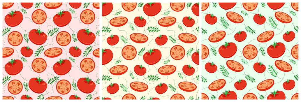 Set of Vegetarian, Fruit or Vegetables Seamless Pattern Design with Fresh, Organic and Natural Food in Hand Drawn Flat Cartoon Background Illustration