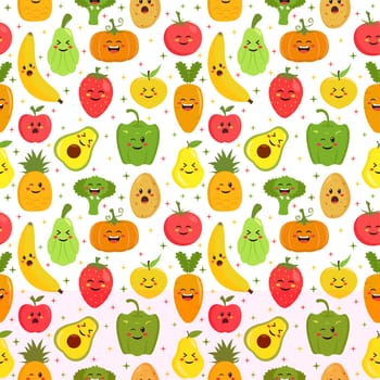 Vegetarian, Fruit and Vegetables Seamless Pattern Design with Fresh, Organic and Natural Food in Hand Drawn Flat Cartoon Background Illustration